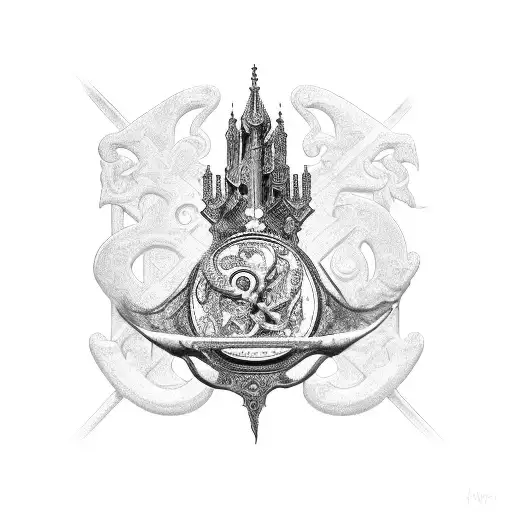 a scroll with the letters LAS in relief, gothic style, with an hourglass, surrounded by chains tattoo design idea