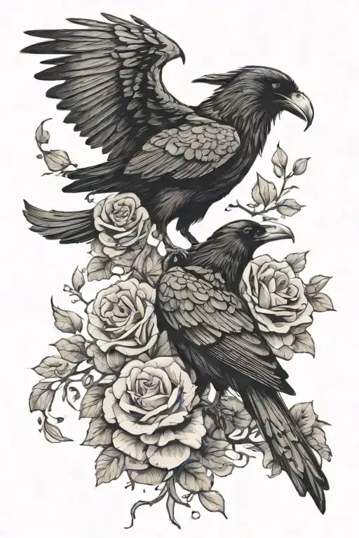 Can you make me a tattoo design where a raven and a snake hug each other and fight with roses in the background? tattoo design idea