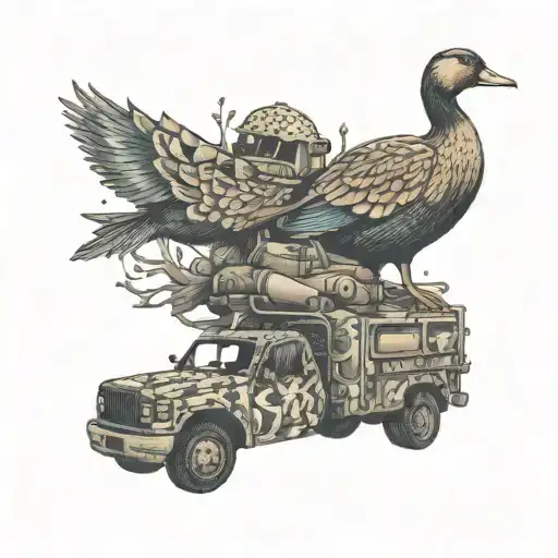 An intricately designed truck with duck hunting gear and camouflage patterns tattoo design idea