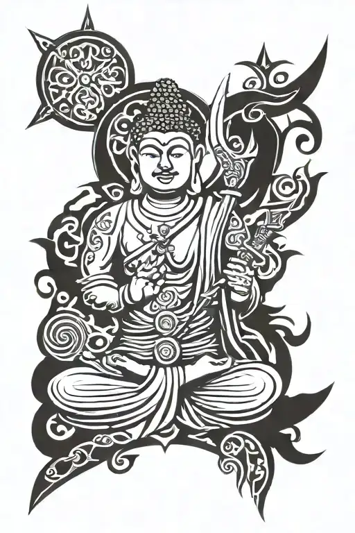 Budha swords stavanger and Tailand mountains tattoo design idea