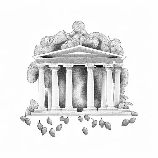 A blackwork tattoo of a vine-covered Greek temple surrounded by olive trees tattoo design idea