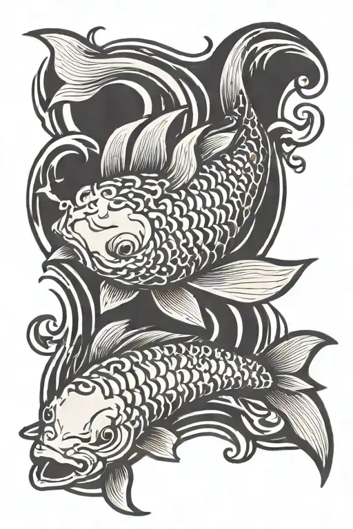 This drawing depicts a koi fish in traditional Japanese style. The koi fish appears to be swimming upwards dynamically,  tattoo design idea