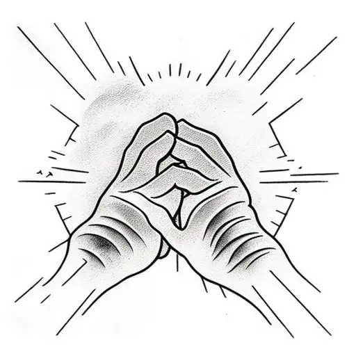 hands praying surrounded by clouds with rays of sun in the background  tattoo design idea