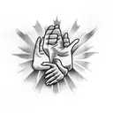 hands praying surrounded by clouds with rays of sun in the background  tattoo design idea