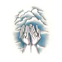 hands praying surrounded by clouds with rays of sun in the background  tattoo design idea