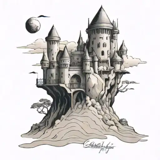 castle in the sky and sand tattoo design idea
