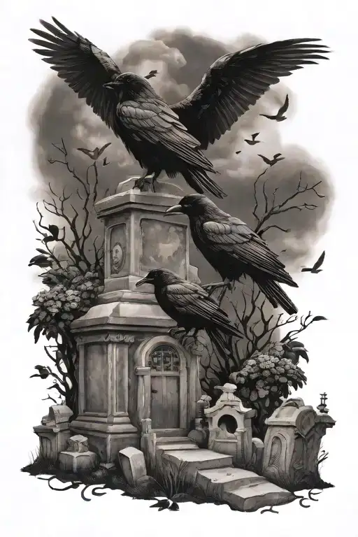 cemetery, ravens, tombs, darkness   tattoo design idea