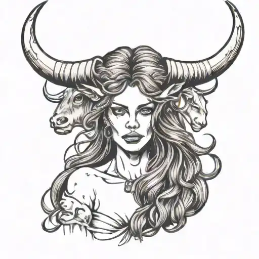 woman with long hair holding a bull on her head tattoo design idea