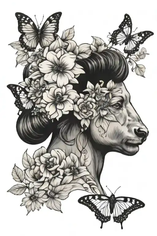 buffalo with butterflies and flowers on top of woman's head with her arms holding the animal tattoo design idea