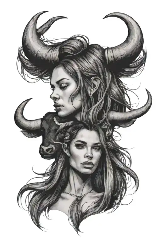 woman with long hair holding a bull on her head tattoo design idea
