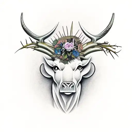 taurus head with a thorn wreath around it, different coloured books around the thorns tattoo design idea