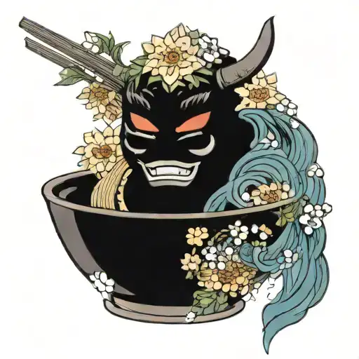 bowl of ramen with oni mask on bowl filled with wildflowers tattoo design idea