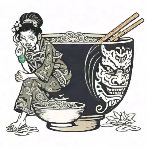 bowl of ramen with women wearing oni mask holding tattoo design idea