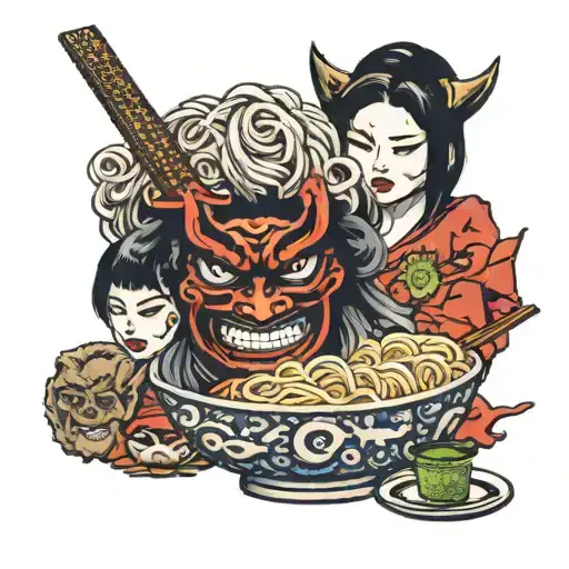bowl of ramen with oni mask on bowl  surrounded by Japanese women tattoo design idea