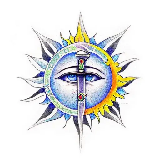 create a tattoo where you will have a sun and eye of horus d. Make it look like a realistic tattoo and the location is s tattoo design idea