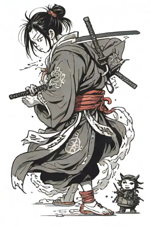 A little girl in ragged clothes that has a giant ghost samurai coming out of her back. The samurai has two swords. tattoo design idea