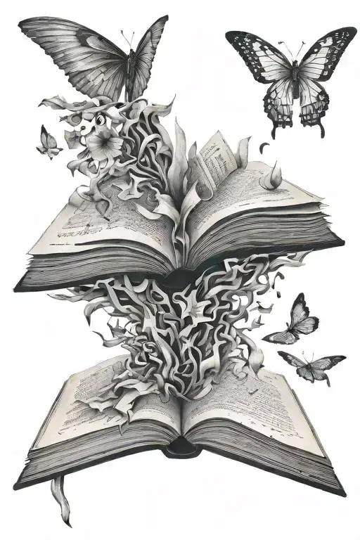 A book titled "the arc of falling objects", whose the torn out pages depict different melancholy artworks. tattoo design idea