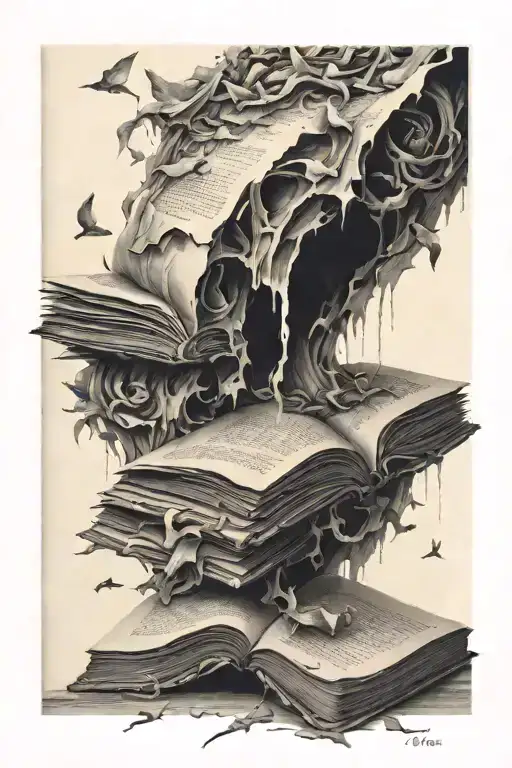 A book titled "the arc of falling objects", whose the torn out pages depict different melancholy artworks. tattoo design idea