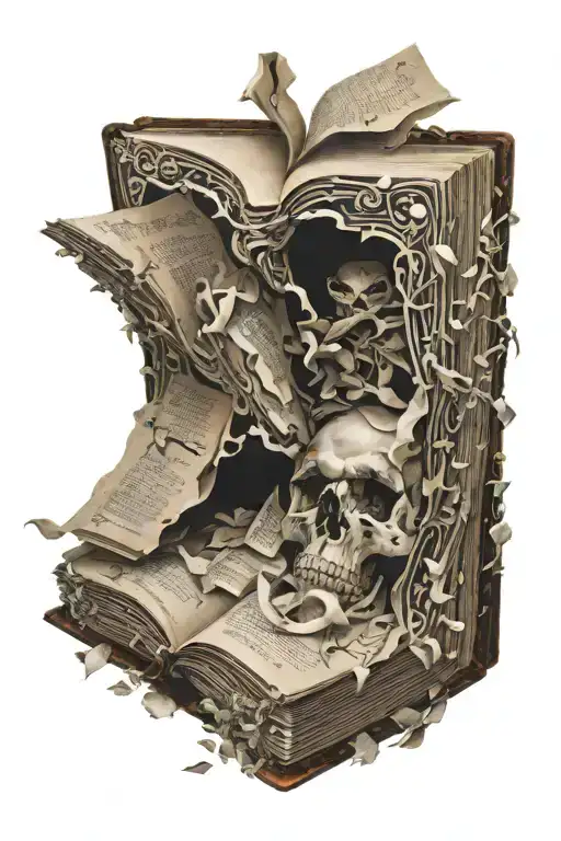 A book titled "the arc of falling objects", whose the torn out pages depict different melancholy artworks. tattoo design idea