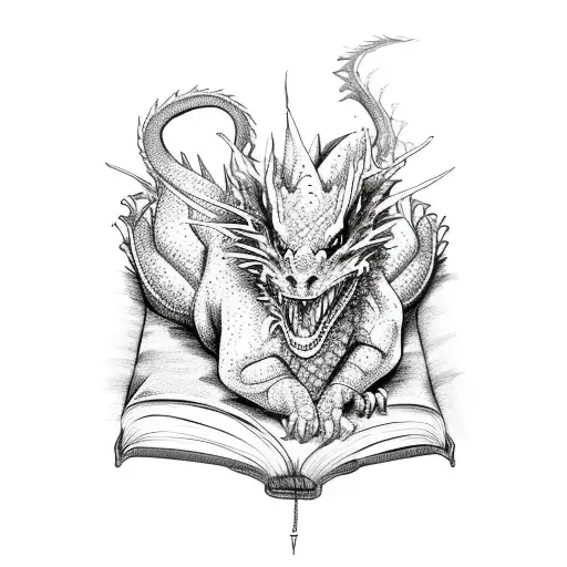 dragon sleeping on books tattoo design idea