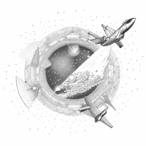 un avion et a coté une collision entre deux étoiles qui explose et écrire voyage léger au-dessus tattoo design idea
