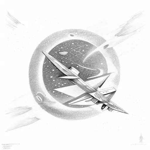 un avion et a coté une collision entre deux étoiles qui explose et écrire voyage léger au-dessus tattoo design idea