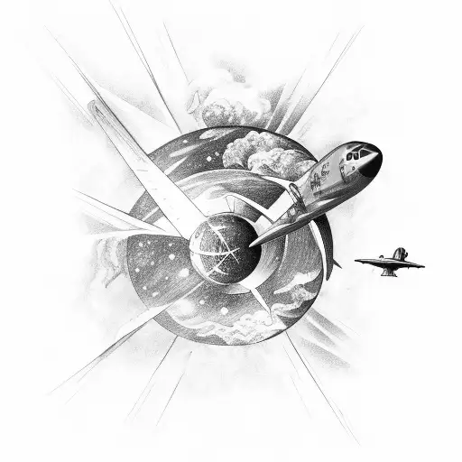 un avion et a coté une collision entre deux étoiles qui explose et écrire voyage léger au-dessus tattoo design idea