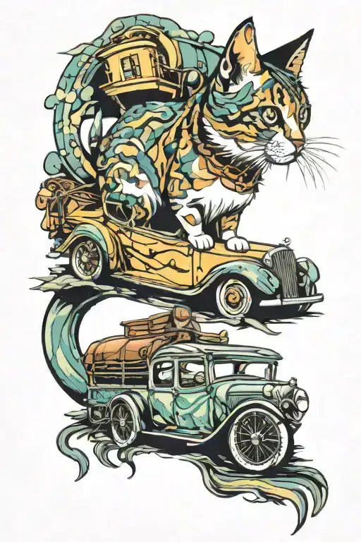 Car, calico cat tattoo design idea