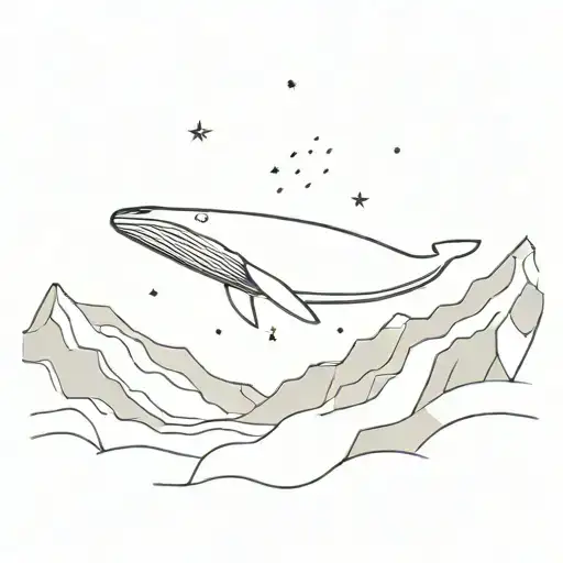 A minimalist silhouette of a whale swimming through a mountain pass under a starry night sky, highlighting the client's fascination with voyages, whales, and mountains tattoo design idea