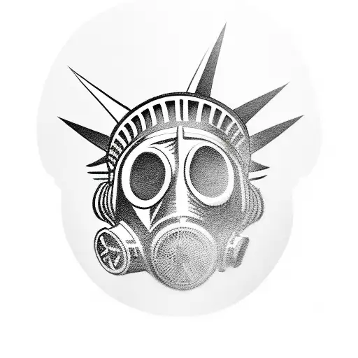 crow looking down at sexy statue of liberty and gas mask holding a flower tattoo design idea