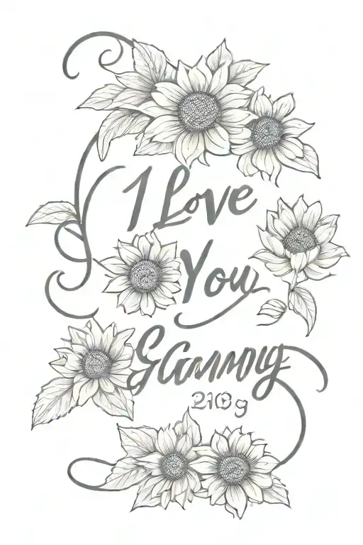 memorial tattoo with small black and small sunflowers and the words "I Love You, Granny" in old looking cursive included tattoo design idea