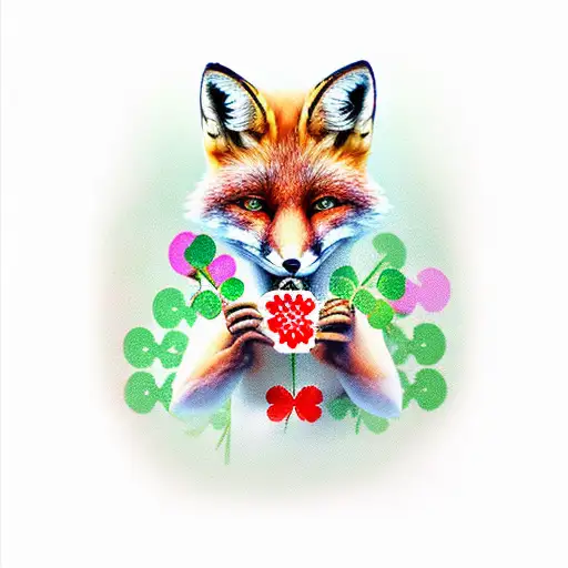 fox holding lucky clover in mouth tattoo design idea