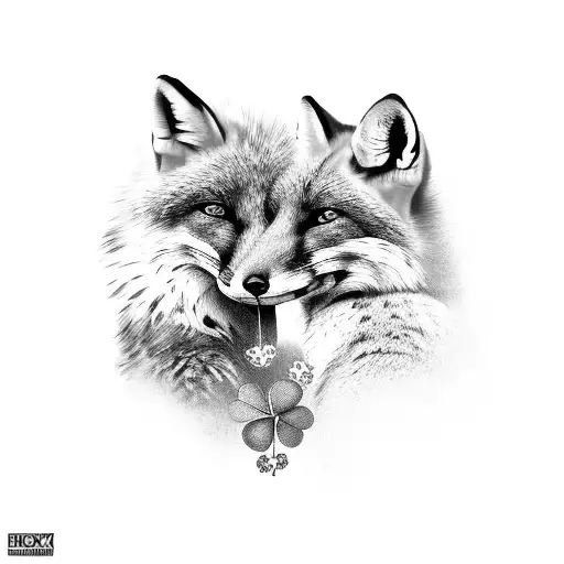 fox holding lucky clover in mouth tattoo design idea