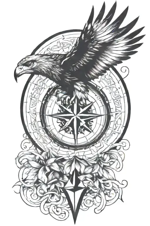 soaring hawk compass  intertwined tattoo design idea