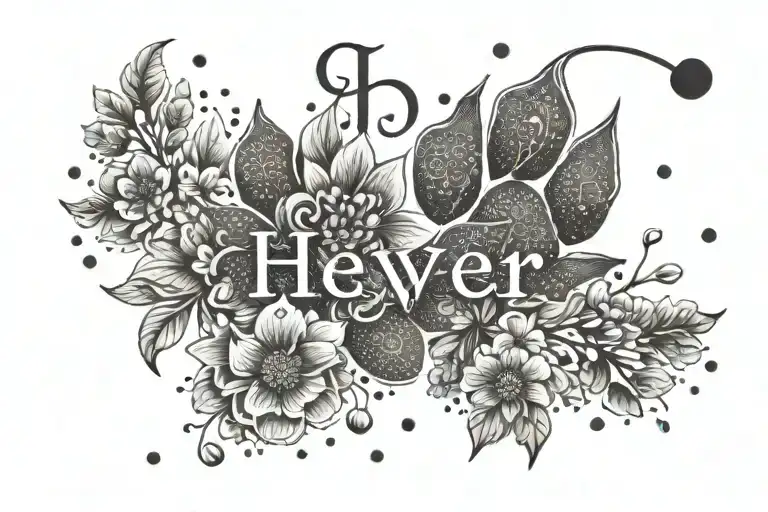  the name Hever in the center with flowers around and a dog's paw tattoo design idea