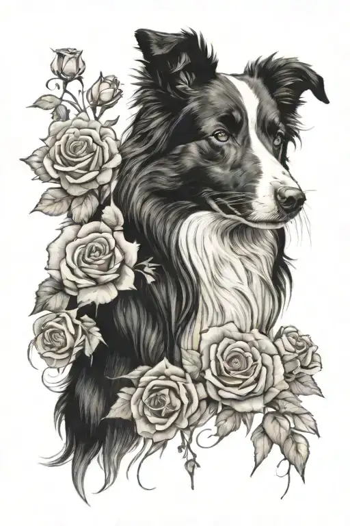 un border collie and roses tattoo design idea