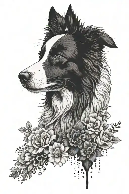 un border collie and flower coming tattoo design idea