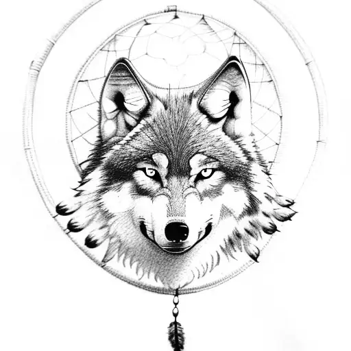 wolf, dreamcatcher and oak tree tattoo design idea