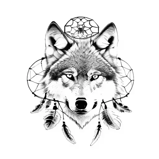 wolf and dreamcatcher with oak tree tattoo design idea