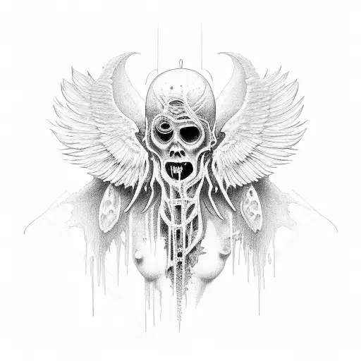 a creepy white angel crawls out of his throat tattoo design idea