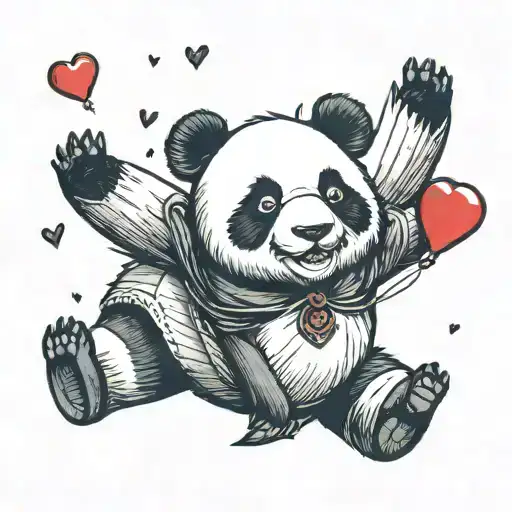 panda with red heart balloon flying tattoo design idea