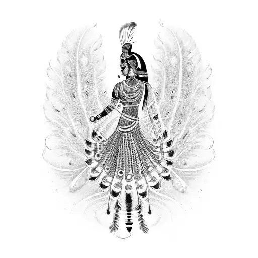 Traditional Indian dancer surrounded by peacock feathers tattoo design idea
