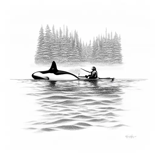 killer whale, kayaker in a bay with trees along the edge  tattoo design idea