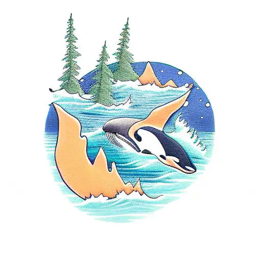 killer whale with kayaker and trees in the background tattoo design idea