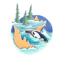 killer whale with kayaker and trees in the background tattoo design idea