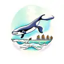 killer whale with kayaker and trees in the background tattoo design idea