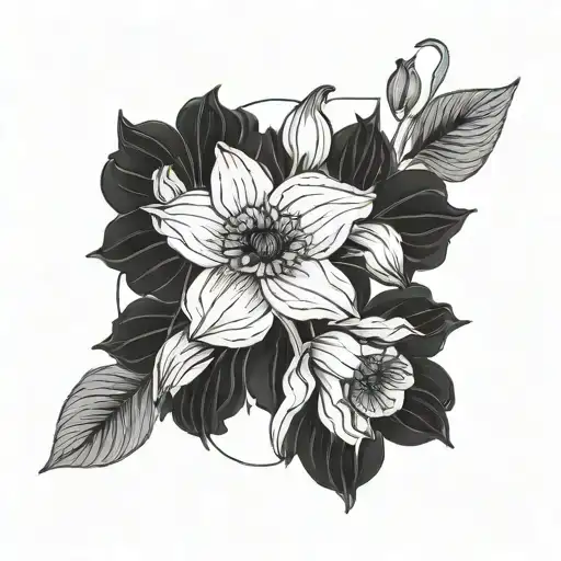 linear simple floral design linking daffodils, marigold and poppy flowers tattoo design idea