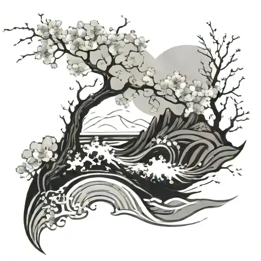 An abstract interpretation of crashing waves with a hidden cherry blossom tree tattoo design idea