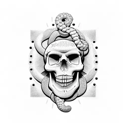 A dotwork tattoo of a snake coiled around a vintage television set, with a skull and crossbones on the screen tattoo design idea