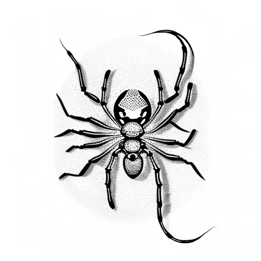 A dotwork tattoo of a spider crawling on a vintage telephone receiver, with a snake wrapped around the cord tattoo design idea